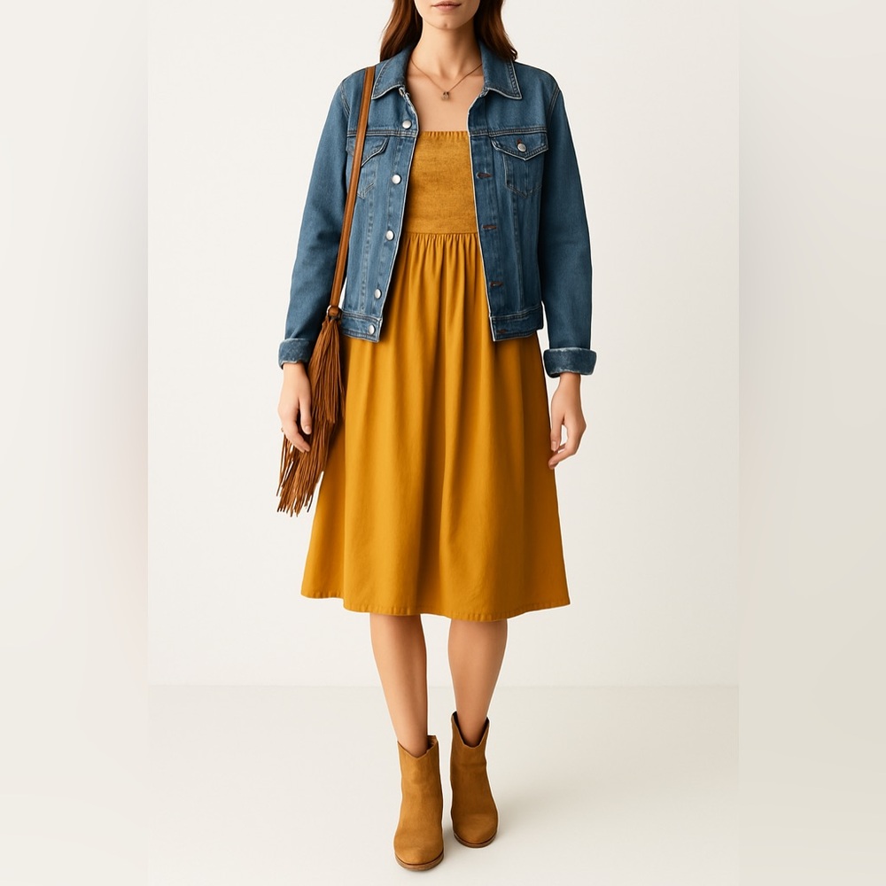 Mustard yellow smocked strapless mini dress S fall boho cottagecore casual dress